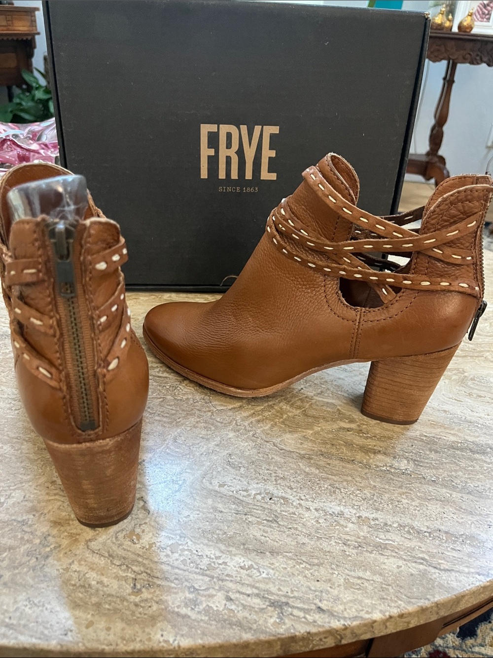 FRYE Naomi Shootie Cognac Brown Leather Cutout Ankle Booties with Braided Straps